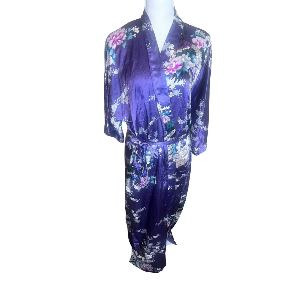 Old Shanghai Purple Satin Peacock Floral Kimono Robe Long Loungewear O/S